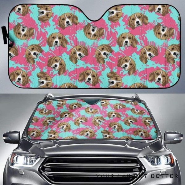 Beagle Muzzles Turquoise Paint Splashes Pink Pattern Car Auto Sun Shade