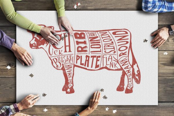 Beef Butchers Block Meat Cuts Red Cow On White Jigsaw Puzzle Set