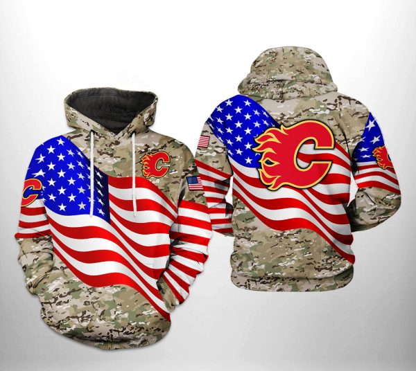 Calgary Flames NHL US FLag Camo Veteran 3D Printed Hoodie/Zipper Hoodie