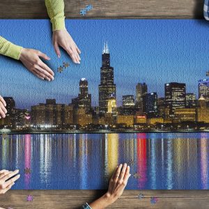 City Of Chicago Skyline And Night Lights Jigsaw Puzzle Set