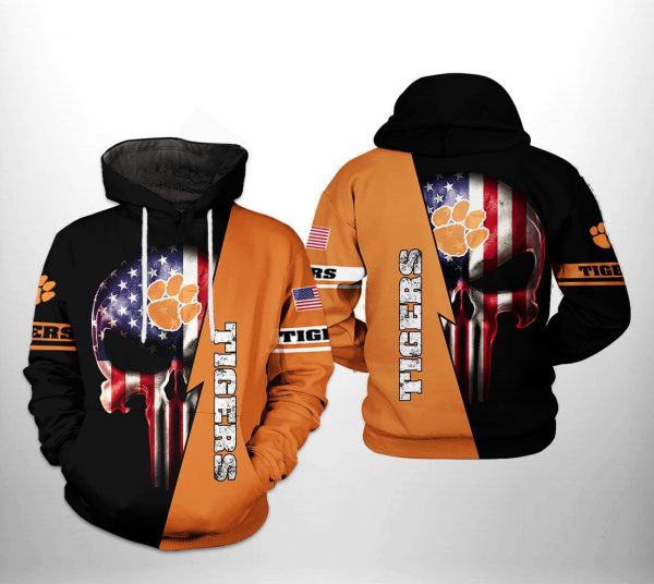 Clemson Tigers NCAA US Flag Skull 3D Printed Hoodie/Zipper Hoodie