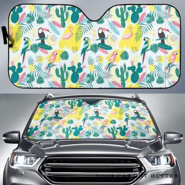 Cute Parrot Toucan Flamingo Cactus Exotic Leaves Pattern Car Auto Sun Shade