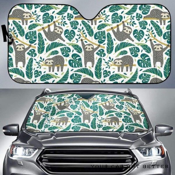 Cute Sloths Tropical Palm Leaves White Car Auto Sun Shade