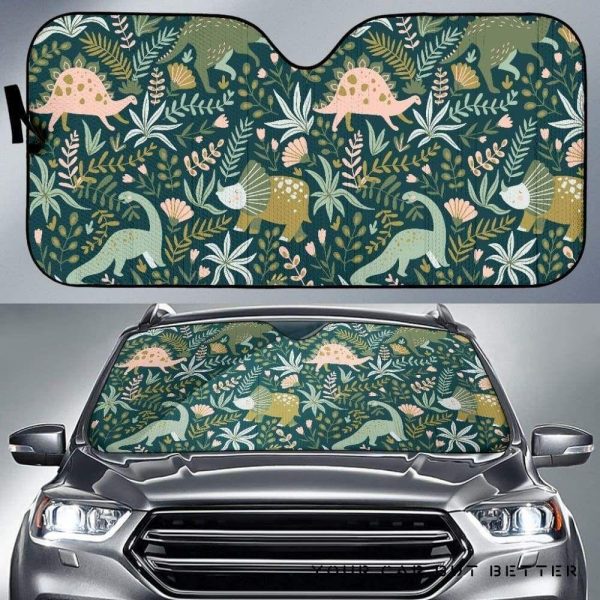 Dinosaurs Tropical Leaves Flower Pattern Car Auto Sun Shade