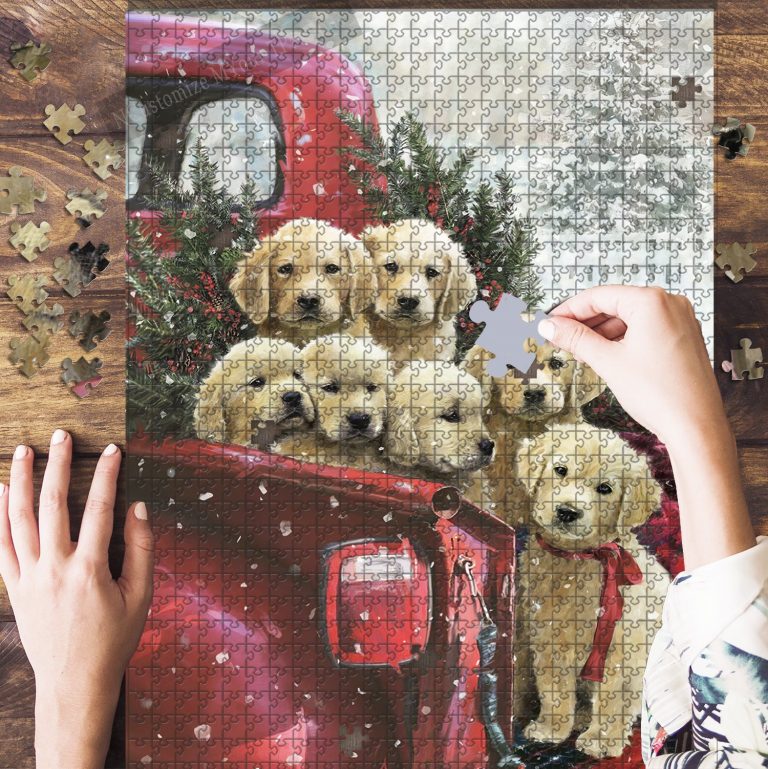 puzzle golden retrievers and red truck christmas farm