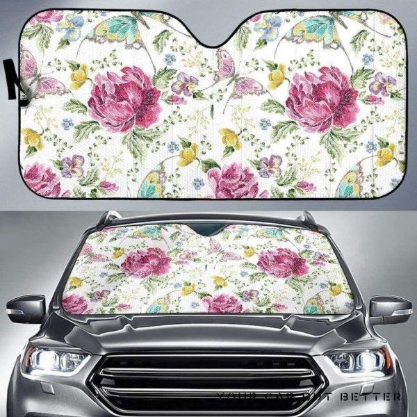 Hand Drawn Butterfly Rose Car Auto Sun Shade