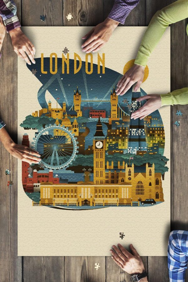 London, England Retro Skyline Contour? Jigsaw Puzzle Set