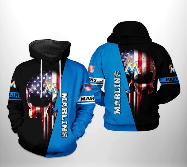 Miami Marlins MLB US Flag Skull 3D Printed Hoodie/Zipper Hoodie