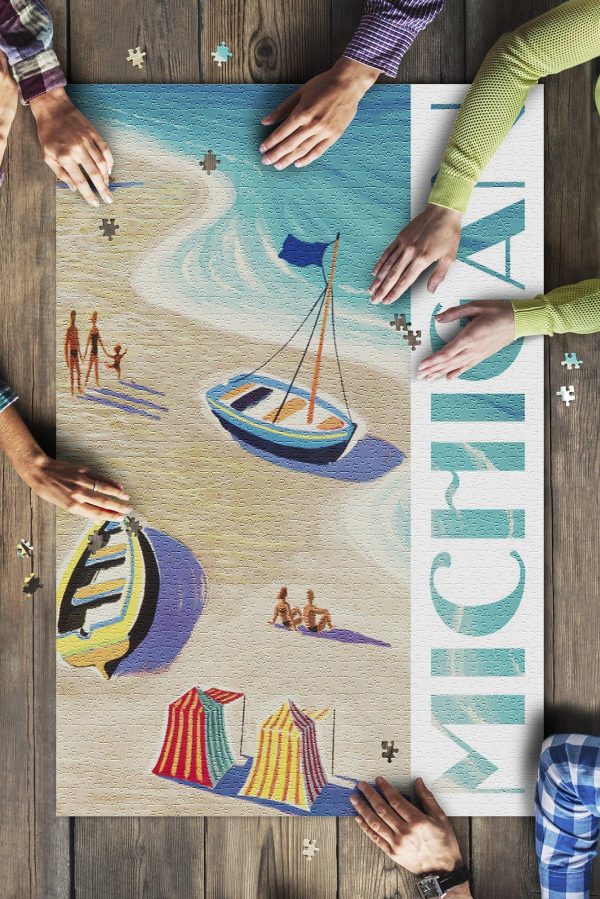 Michigan Vintage Beach Scene Jigsaw Puzzle Set