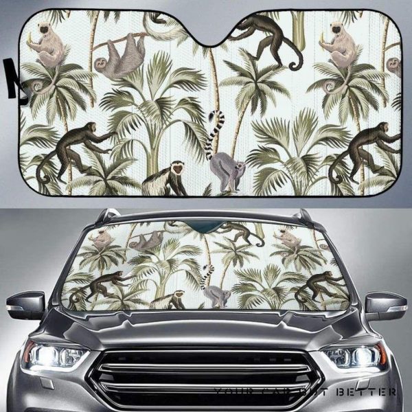 Monkey Sloth Lemur Palm Trees Pattern Car Auto Sun Shade