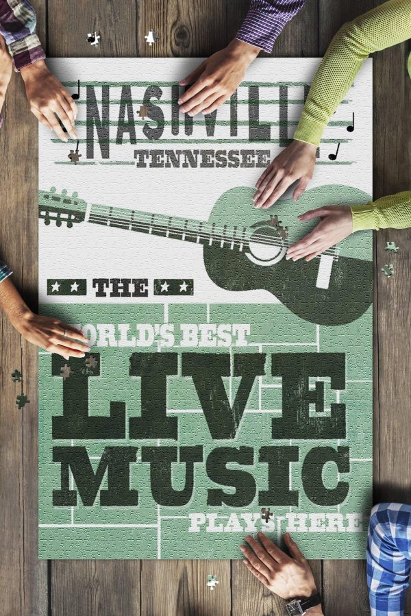 Nashville, Tennessee Horizontal Guitar Teal Screenprint Jigsaw Puzzle Set