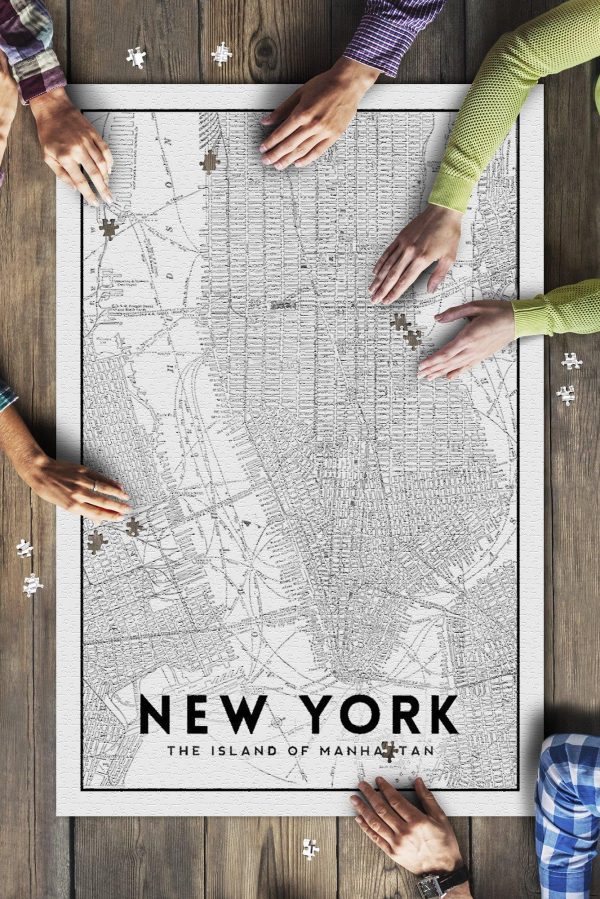 New York City, New York Manhattan Map Black And White Jigsaw Puzzle Set