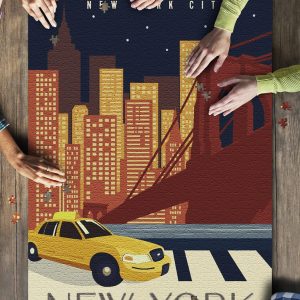 New York City, New York Taxi And Skyline Across Water Jigsaw Puzzle Set