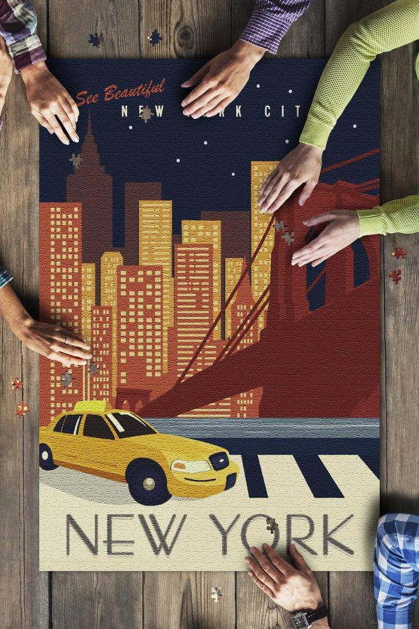 New York City, New York Taxi And Skyline Across Water Jigsaw Puzzle Set