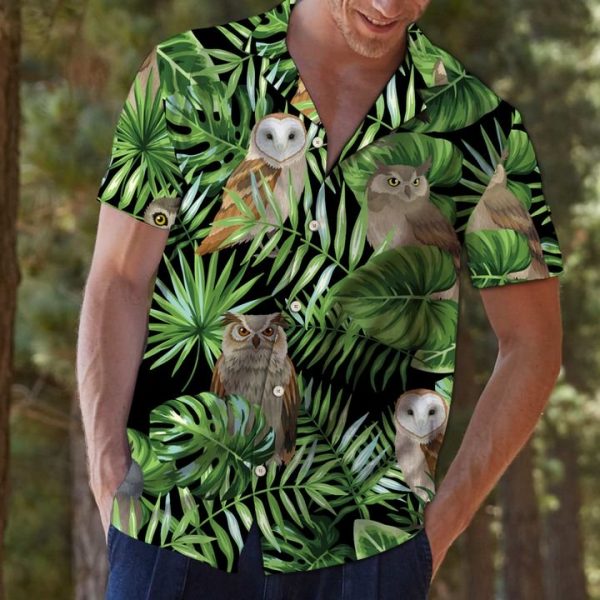 Owl Green Tropical Leaves Hawaiian Shirt Summer Button Up