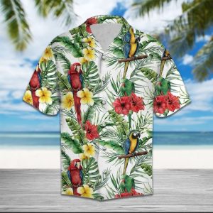 Parrot Hibiscus Flowers Tropical Hawaiian Shirt Summer Button Up