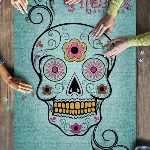 Phoenix, Arizona Day Of The Dead Sugar Skull And Flower Aqua Jigsaw Puzzle Set