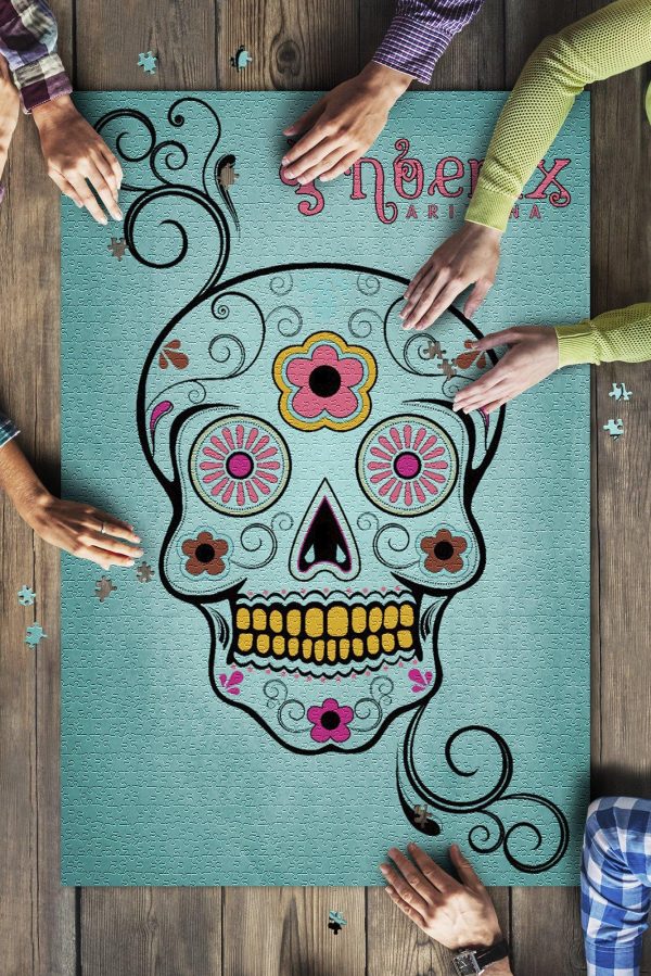 Phoenix, Arizona Day Of The Dead Sugar Skull And Flower Aqua Jigsaw Puzzle Set