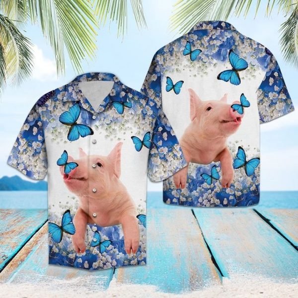 Pig Blue And White Flower Hawaiian Shirt Summer Button Up