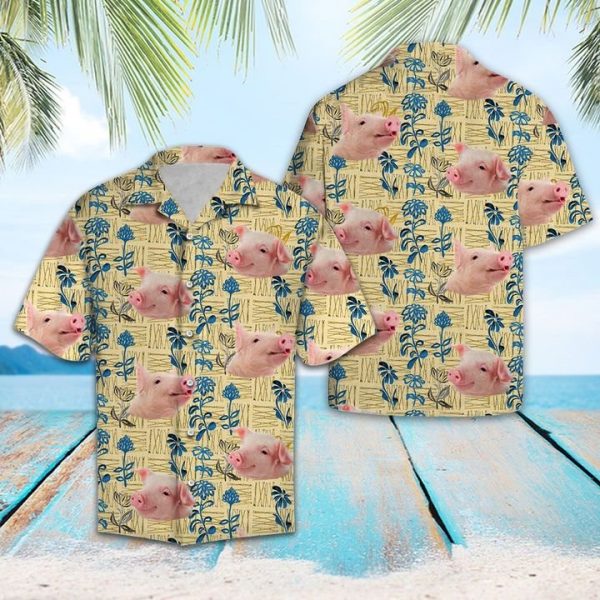 Pig Floral Hawaiian Shirt Summer Button Up