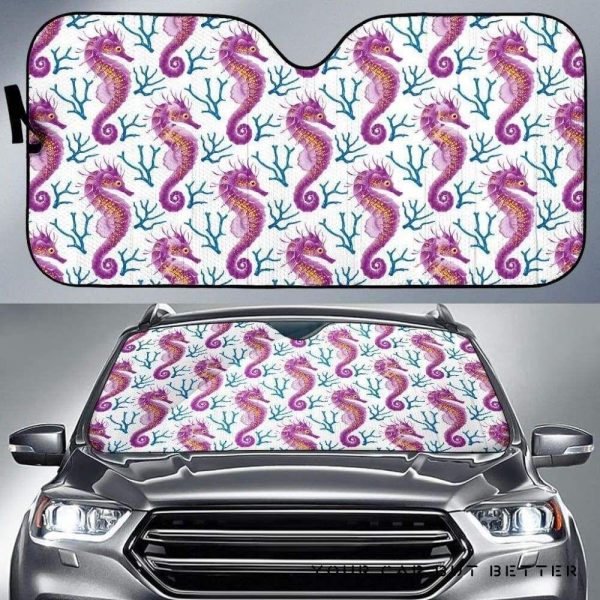 Purple Seahorse Blue Coral Pattern Car Auto Sun Shade