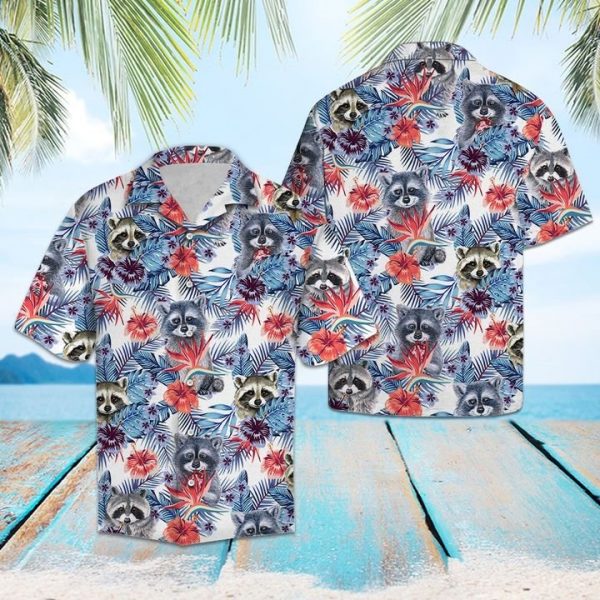 Raccoon Hibiscus Flower Hawaiian Shirt Summer Button Up