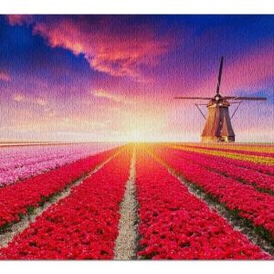 Red Tulip Fields And A Windmill At Sunset Jigsaw Puzzle Set