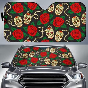 Rose Flower Sugar Skull Car Auto Sun Shade