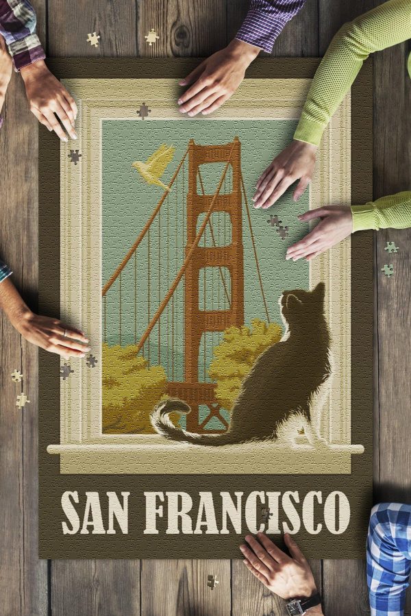 San Francisco, California Golden Gate Bridge And Cat Window Jigsaw Puzzle Set