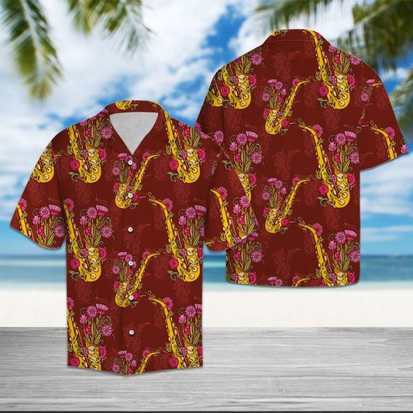 Saxophone Flower Hawaiian Shirt Summer Button Up