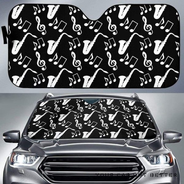 Saxophone Music Notes Treble Clef Black White Theme Car Auto Sun Shade