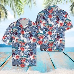 Shark Hibiscus Flower Hawaiian Shirt Summer Button Up