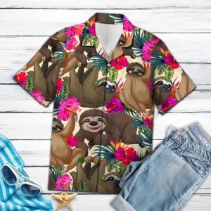 Sloth Hibiscus Flower Hawaiian Shirt Summer Button Up