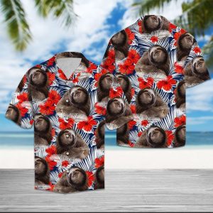 Sloth Hibiscus Flower Hawaiian Shirt Summer Button Up