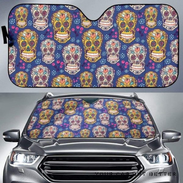 Sugar Skull Flower Pattern Car Auto Sun Shade