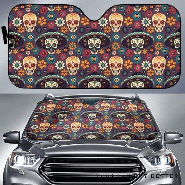 Sugar Skulls Flower Maxican Pattern Car Auto Sun Shade