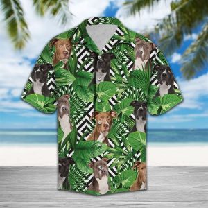 Summer Exotic Jungle Tropical American Pit Bull Terrier Hawaiian Shirt Summer Button Up