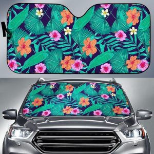 Teal Hawaiian Leaf Flower Car Auto Sun Shade