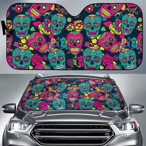 Teal Pink Sugar Skull Car Auto Sun Shade