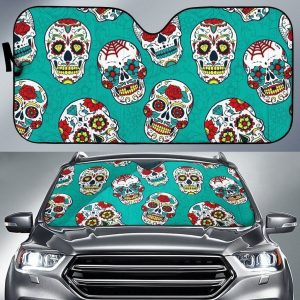 Teal Sugar Skull Car Auto Sun Shade