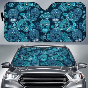 Teal Sugar Skull Flower Car Auto Sun Shade