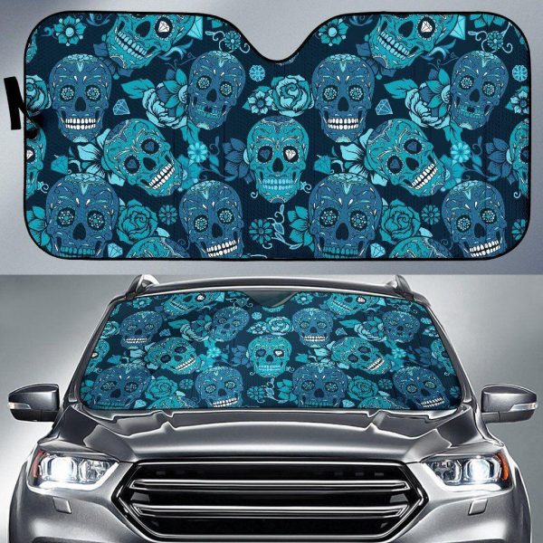 Teal Sugar Skull Flower Car Auto Sun Shade