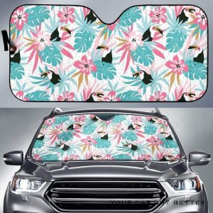 Toucan Tropical Flower Leave Pattern Car Auto Sun Shade