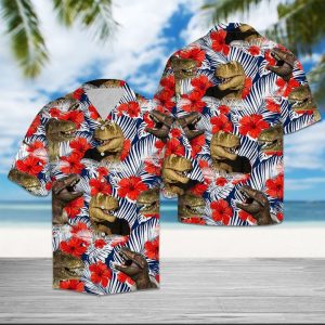 Trex Hibiscus Flower Hawaiian Shirt Summer Button Up