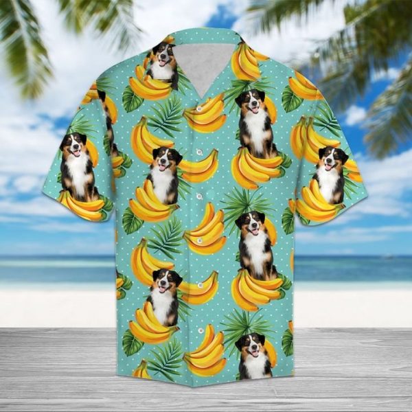 Tropical Banana Miniature Australian Shepherd Hawaiian Shirt Summer Button Up