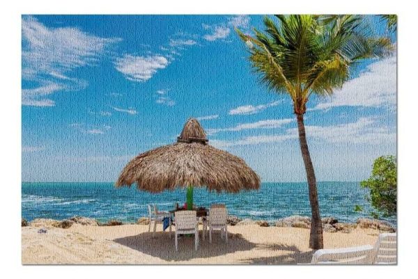 Tropical Beach, Umbrella & Palm Trees Jigsaw Puzzle Set