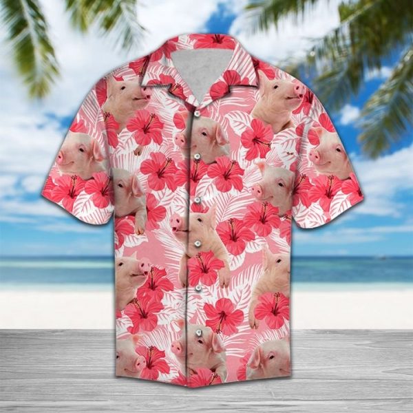 Tropical Flowers Hibiscus Pig Hawaiian Shirt Summer Button Up