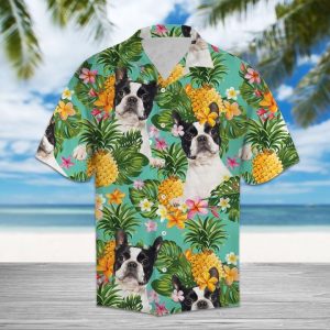 Tropical Pineapple Boston Terrier Hawaiian Shirt Summer Button Up