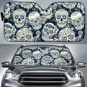 White Floral Sugar Skull Car Auto Sun Shade